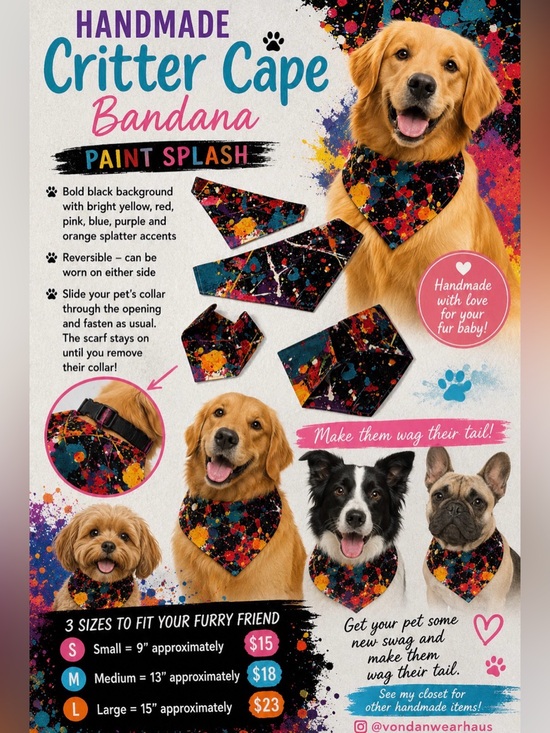 Handmade Other - Handmade Pet Multicolor Paint-Splash Critter Cape Bandana Scarf Reversible